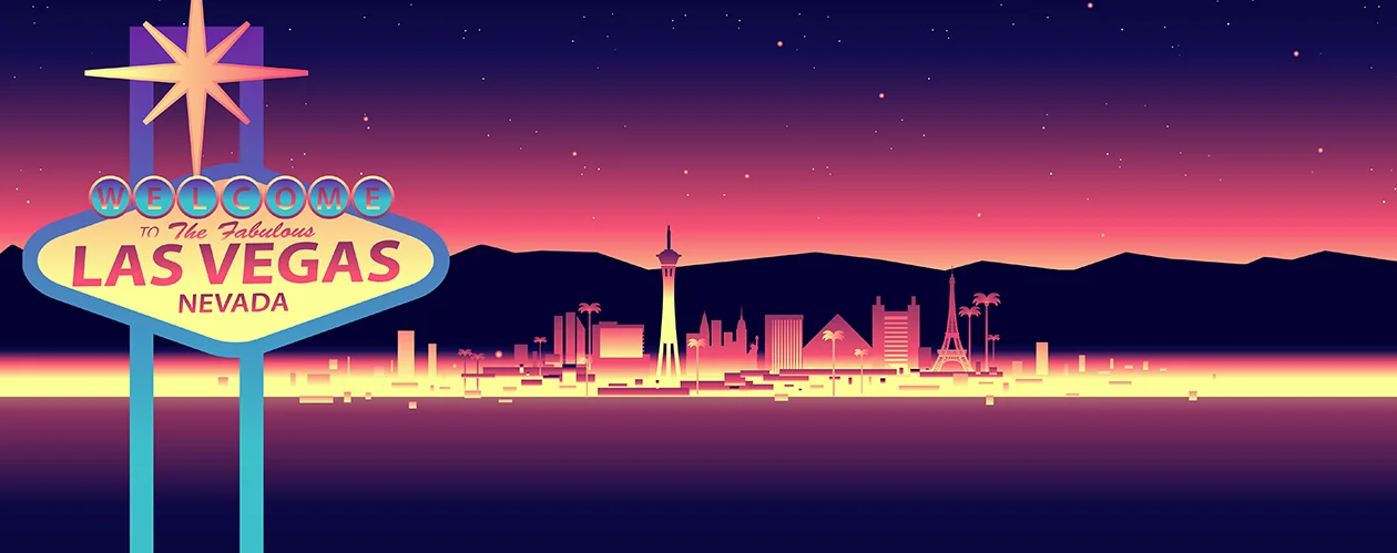 Animated Las Vegas city scene in red and pink hues, featuring the well-known 'Welcome to Fabulous Las Vegas' landmark sign.
