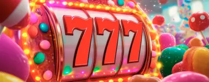 Candy-themed slot machine with 777 jackpot, smarties, sweets, and flashing lights – vibrant and playful casino vibe.