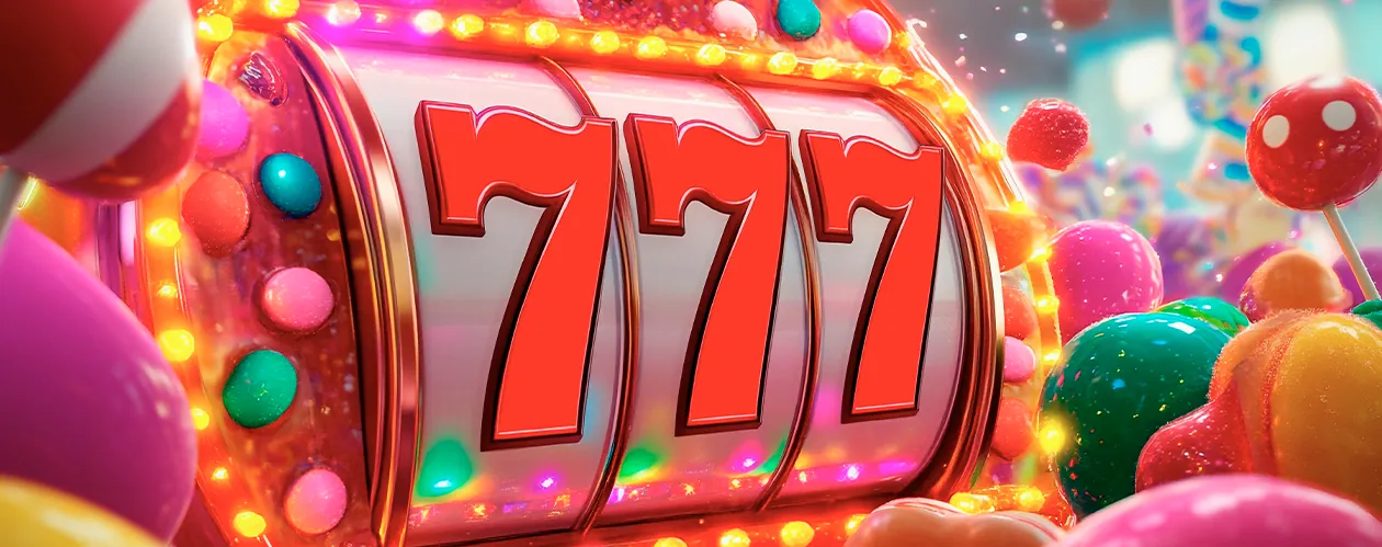 Candy-themed slot machine with 777 jackpot, smarties, sweets, and flashing lights – vibrant and playful casino vibe.