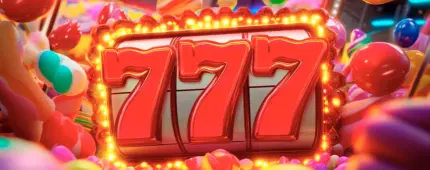 Bright candy-themed slot design with colorful lollipops and a fiery red-and-yellow reel showing 3D 777 at the center.