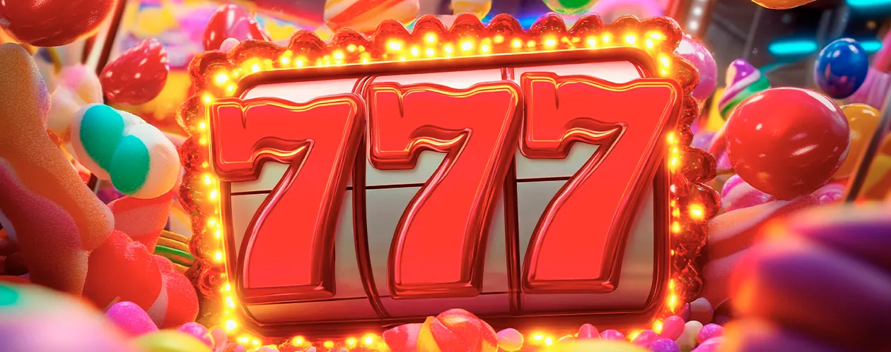 Bright candy-themed slot design with colorful lollipops and a fiery red-and-yellow reel showing 3D 777 at the center.