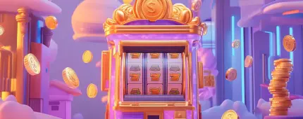 Vintage slot machine hitting a winning 777 combo with colorful flying coins and pastel-toned background