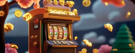 Casino slot machine with reels and flying coins under a Sakura tree blurred clouds and tree in the background.