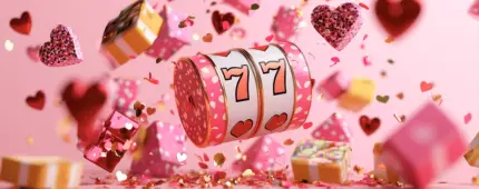 Pink background with colorful confetti and hearts, featuring a two-reel slot machine showing double 7s