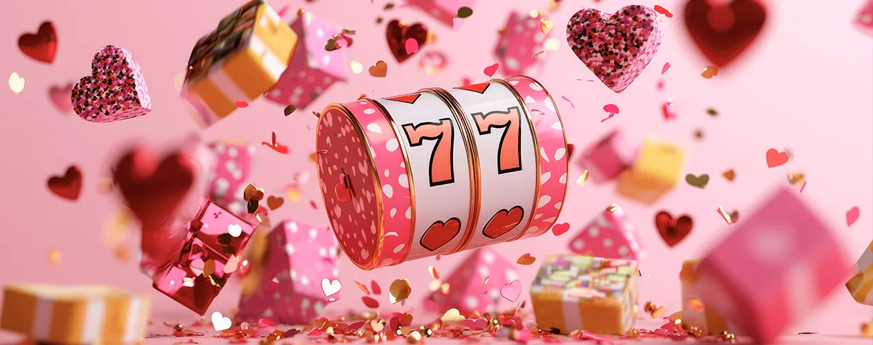 Pink background with colorful confetti and hearts, featuring a two-reel slot machine showing double 7s