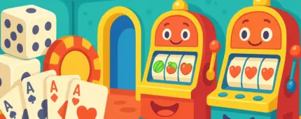 Animated illustration of two cheerful slot machines, including one displaying three heart icons, accompanied by dice, a gold coin, and four ace playing cards.