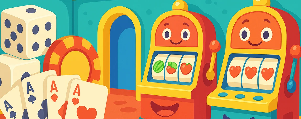 Animated illustration of two cheerful slot machines, including one displaying three heart icons, accompanied by dice, a gold coin, and four ace playing cards.