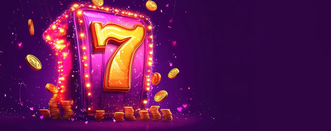 Bright and colorful illustration with a purple background, confetti, hearts, and flying coins. A large yellow number 7 on a pink background is surrounded by lights, symbolizing luck and winning.