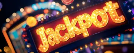 Blurred colorful lights in the background with a glowing ‘Jackpot’ sign in bright yellow against a red backdrop, accented by purple and white marquee-style lights — vibrant casino or gaming theme