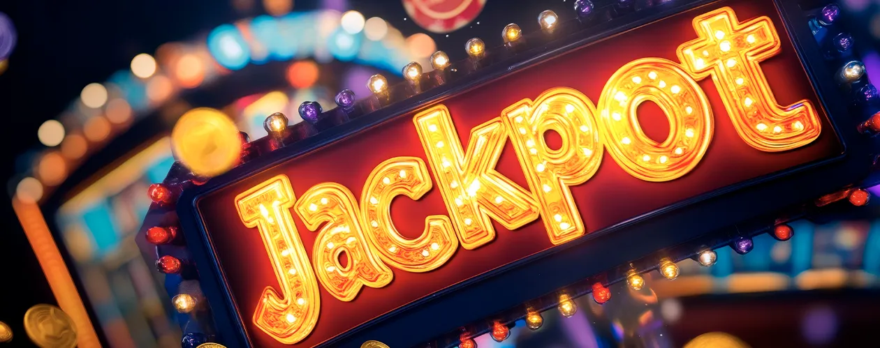 Blurred colorful lights in the background with a glowing ‘Jackpot’ sign in bright yellow against a red backdrop, accented by purple and white marquee-style lights — vibrant casino or gaming theme