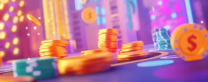 Brightly colored image of a Las Vegas-themed scene with casino chips flying in the air and scattered on a table, each marked with a dollar sign.