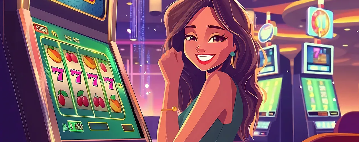 A smiling woman with long brown hair next to a vibrant casino slot machine.