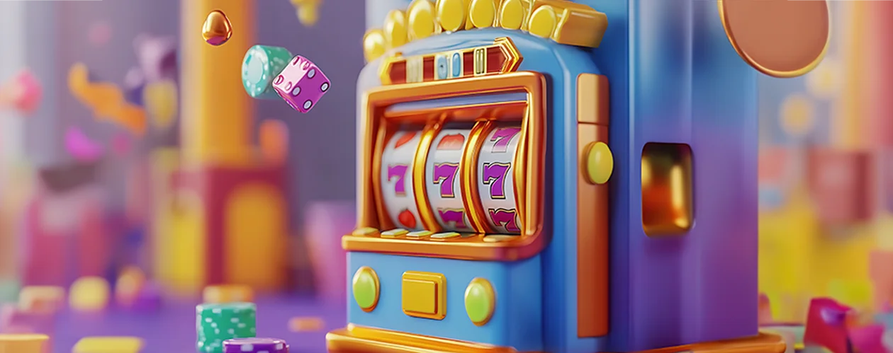Animated blue slot machine with pastel colors, surrounded by gold coins, purple dice, and colorful casino chips. The scene has a playful and fun vibe.