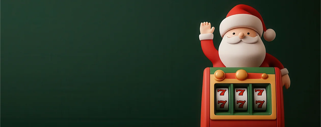 Animated Father Christmas with his hand raised standing in front of a glowing slot machine showing 777 on a black background.