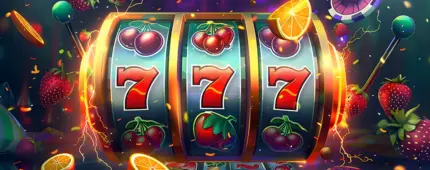 Image of a 777 slot machine with classic fruit reels, featuring symbols like cherries, lemons, oranges, and the iconic lucky 7’s