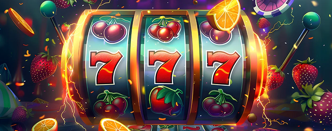 Image of a 777 slot machine with classic fruit reels, featuring symbols like cherries, lemons, oranges, and the iconic lucky 7’s