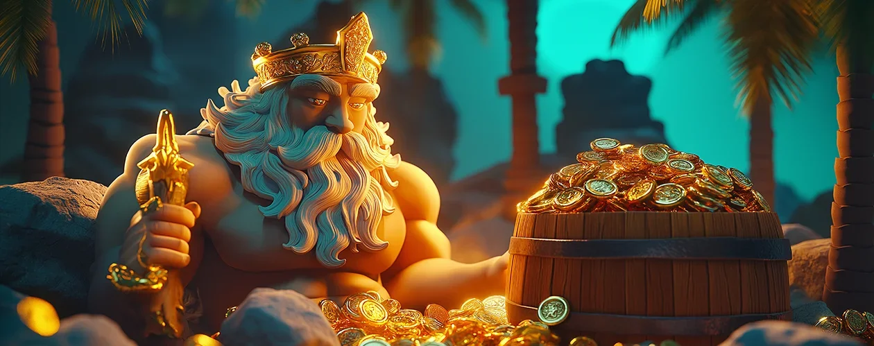 Animated image of Poseidon with a large beard and gold crown, holding a sword, surrounded by scattered coins and a barrel overflowing with gold.