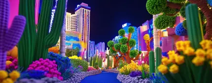 Colorful neon-lit scene of Las Vegas at night, featuring iconic hotel signs, glowing cactuses, and vibrant flowers under a dark sky.
