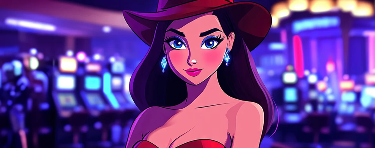 Animated woman with a stylish hat and beautiful features standing in a casino at night, with glowing slot machines and people in the background