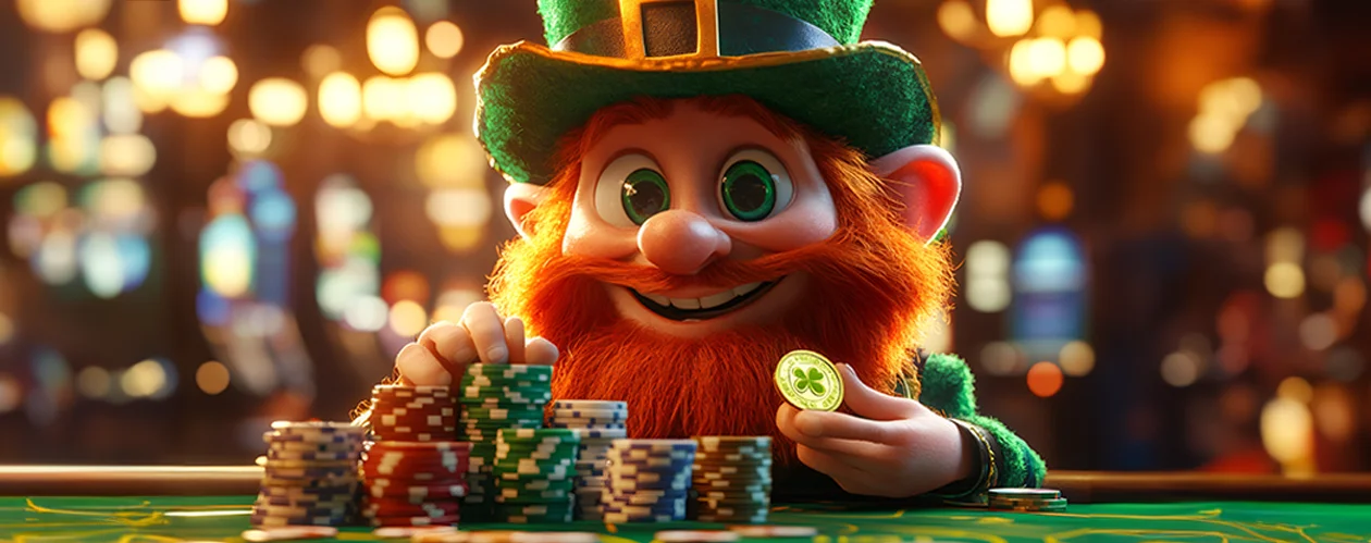 A leprechaun sitting at a casino table, holding poker chips in his hand. The casino environment is filled with bright lights and various gaming machines in the background