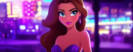 Animated woman with a stylish hat and beautiful features standing in a casino at night, with glowing slot machines and people in the background