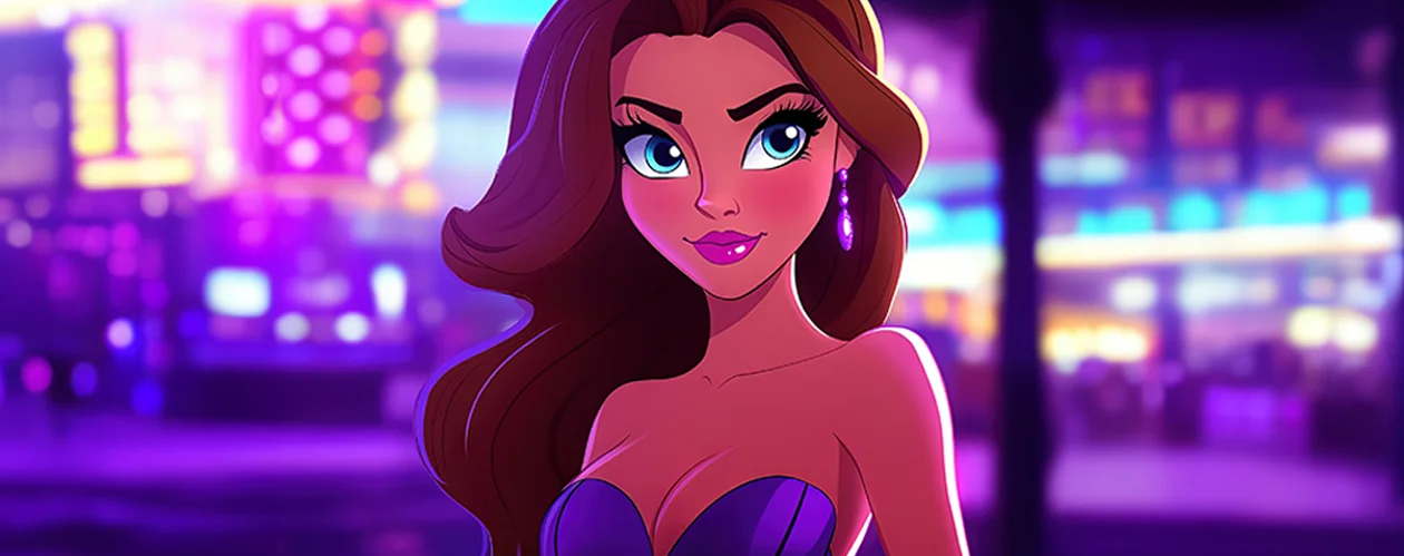 Animated woman with a stylish hat and beautiful features standing in a casino at night, with glowing slot machines and people in the background