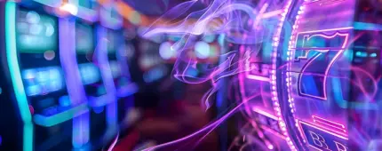 A stylized casino slot machine display featuring the number seven in a vibrant purple tone, with wisps of smoke swirling around it, creating a sense of excitement and thrill.