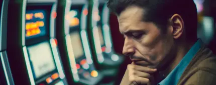 A close-up profile of a serious, pensive man with his hand on his chin, looking down in front of a row of blurry slot machines
