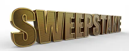 An image featuring bold, thick gold lettering that spells out 'Sweepstake' on a white background