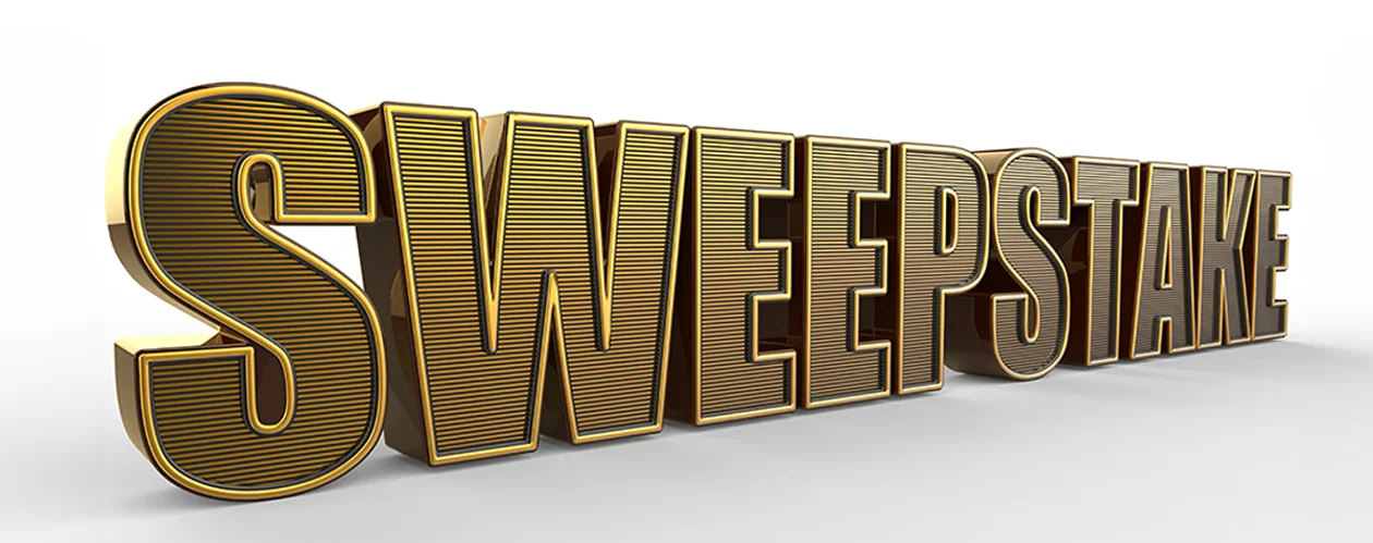 An image featuring bold, thick gold lettering that spells out 'Sweepstake' on a white background