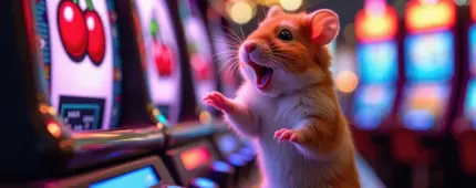 An excited hamster stands with its mouth open in delight next to glowing slot machines in a neon-lit casino.
