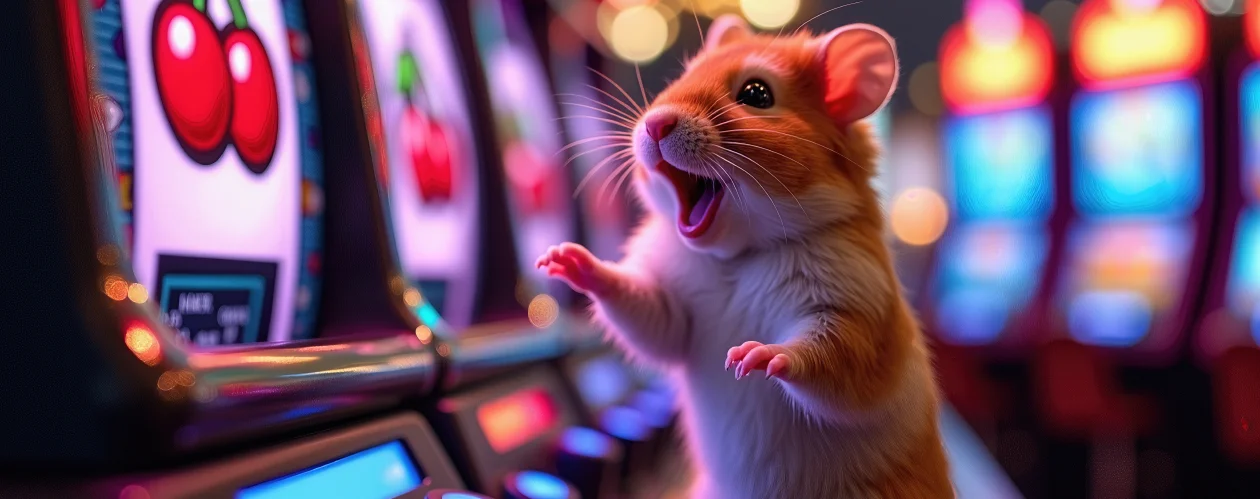 An excited hamster stands with its mouth open in delight next to glowing slot machines in a neon-lit casino.