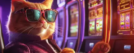 A cool orange cat wearing sunglasses and a sparkly jacket sitting in front of neon-lit slot machines.