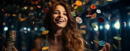 A happy woman with long brown hair smiling as colorful chips and coins rain down around her against a blurred, glowing background.