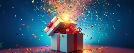 Blue gift box with a pink ribbon opens on pink flooring, releasing light, confetti, and ribbons in a festive celebration of sweepstake prizes against a dark blue background.