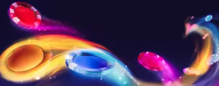 Animated red, yellow, and blue casino coins flying against a dark background, representing online casino winnings and excitement.