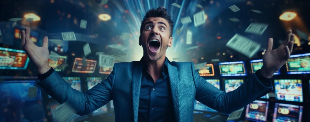 An excited man in a suit raising his arms in triumph as cash falls around him in a vibrant slot machine setting.
