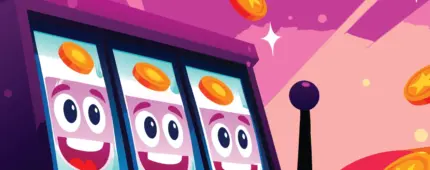 Cartoon illustration of a purple slot machine with three matching, smiling face symbols lined up on the reels under falling gold coins.