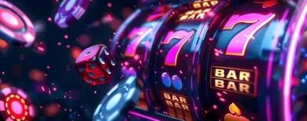 A neon-lit slot machine displaying lucky sevens surrounded by floating casino chips and red dice against a dark background.