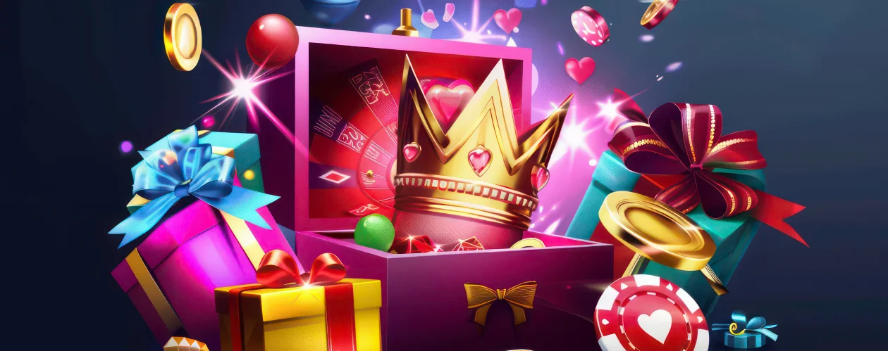 A purple treasure chest overflowing with a gold crown, poker chips, and glowing coins. Surrounding the chest are colorful gift boxes and magical sparkles against a dark background.