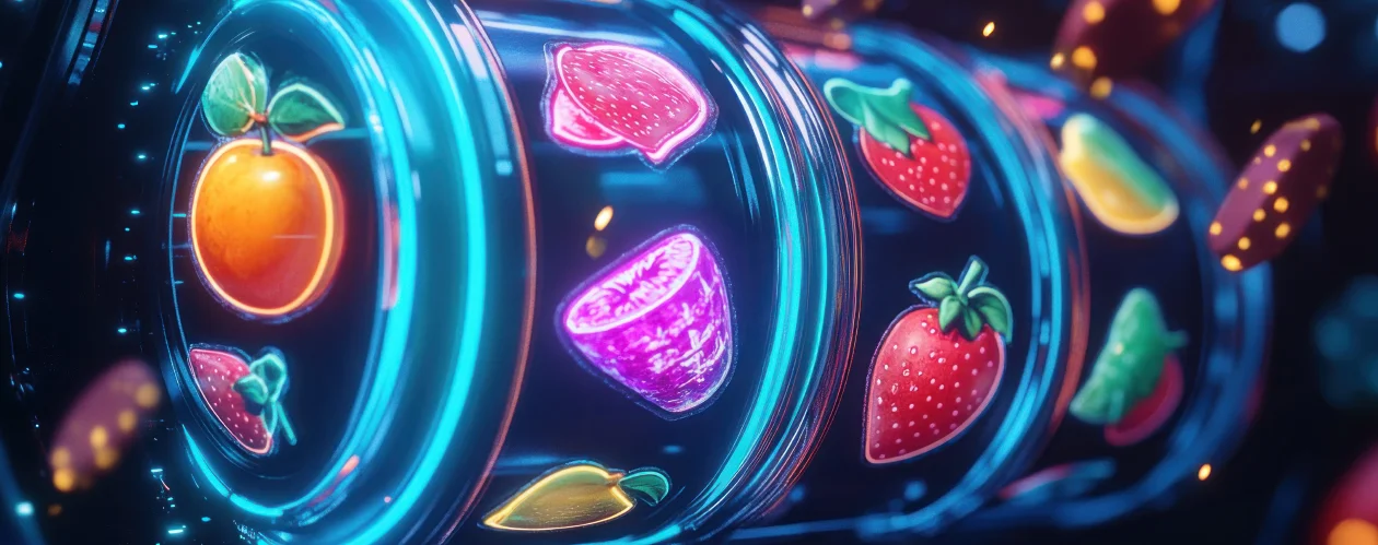 A futuristic, neon-lit slot machine displaying glowing fruit symbols like oranges and strawberries on spinning transparent reels.