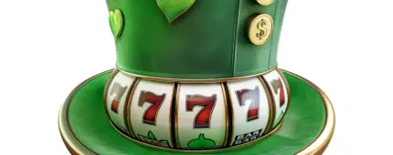 Green casino sweepstakes hat with gold edging, 77777 slot reels, and a round coin showing heart and spade symbols.