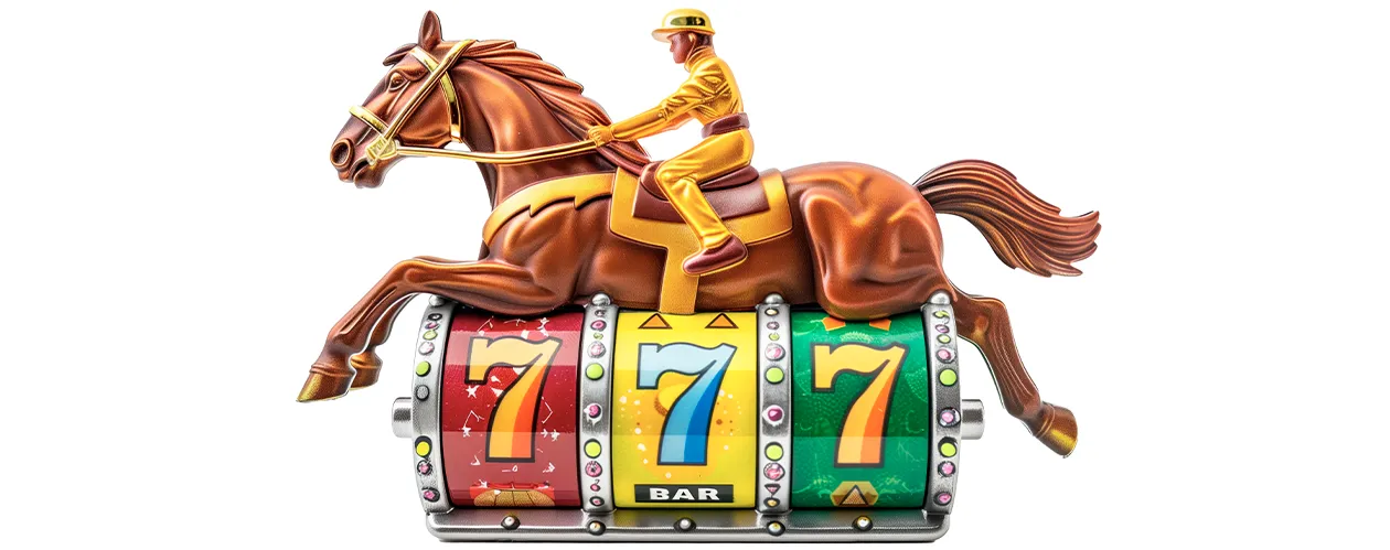Animated slot machine reels displaying 777 with horse and rider graphic, symbolizing big win sweepstakes.