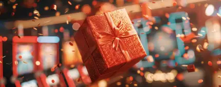 Red present with confetti floating above blurred slot machines representing a casino bonus.
