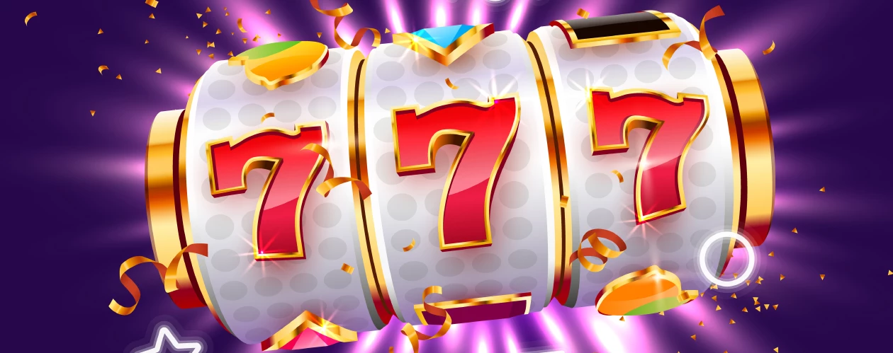 A three-reel slot machine showing a jackpot winning combination of three red sevens surrounded by golden confetti and glowing lights.