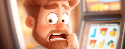 Animated man looking concerned, resting his chin on a clenched fist with an anguished expression, a slot machine glowing in the background.