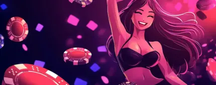 Animated happy woman with one hand raised in celebration, surrounded by flying coins on a dark background with red contrast in the top-right corner.