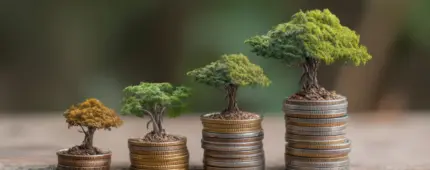Four small trees of increasing size grow atop four rising stacks of coins.