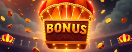 BONUS box suspended by a red and yellow parachute amidst a rain of golden coins in a stadium-like setting.