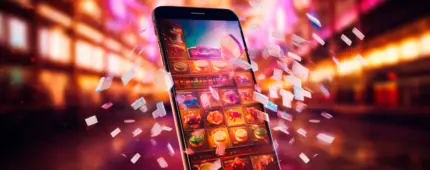 A digital slot game playing on a smartphone screen surrounded by floating glowing square chips.